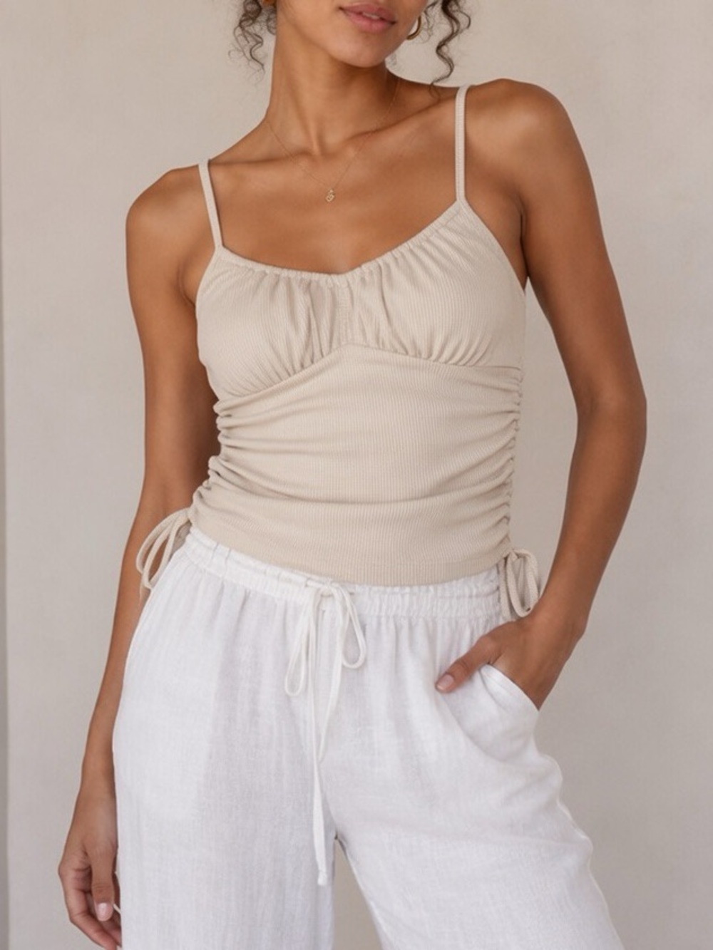 Women's Beige Ruched Ribbed Tank Top